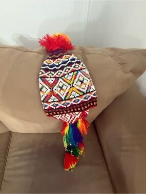 Rainbow Authentic Peruvian Pom Knit Beanie Hat - Multi
